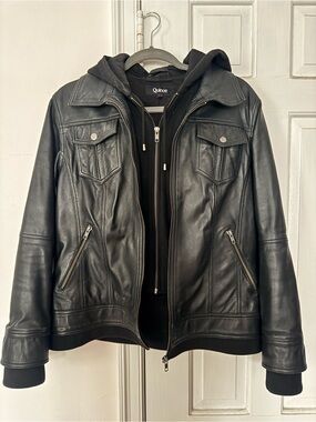 Quince W Black Leather Hooded Jacket